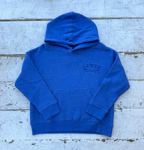 Load image into Gallery viewer, Front view of a vibrant royal blue children's pullover hoodie with an embroidered 'LEWES' logo and crossed oars on the chest, featuring a kangaroo pocket and hood, laid on a distressed white wooden surface.