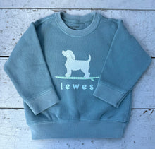 Load image into Gallery viewer, Teal blue long-sleeve kids' sweatshirt featuring a white graphic of a dog on a surfboard and "Lewes" text, displayed on a distressed white wooden surface.