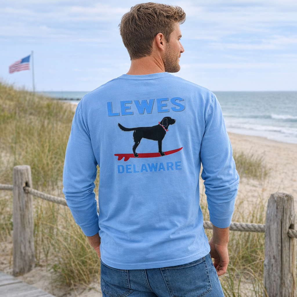 Lewes Delaware Black Lab Surfing Long Sleeve T-Shirt - Coastal Dog