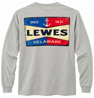 Lewes Anchor Long Sleeve Tee in Cement with a distressed red, blue, and cream Lewes Delaware Since 1631 anchor sign printed on the back