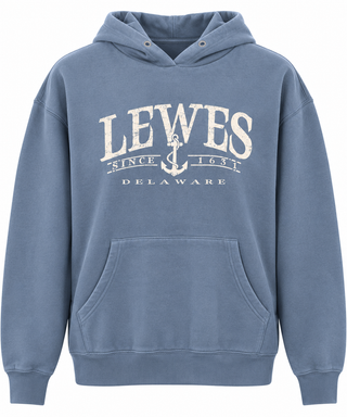 Lewes Since 1631 Anchor Hoodie in Baltic blue with a distressed cream LEWES, anchor, and Delaware design and a front kangaroo pocket