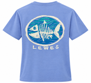 Lewes Bonefish Tee in Peri, back view, with a large cream bonefish skeleton over blue and green waves and Lewes below