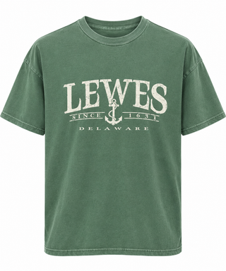 Lewes Since 1631 Anchor Tee in Dorm Green with a distressed cream LEWES, anchor, Since 1631, and Delaware design