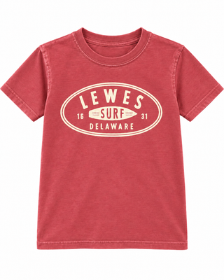 Lewes Surf Youth Tee in Nantucket red with a cream oval Lewes Surf Delaware badge, surfboard, and 1631 at the chest