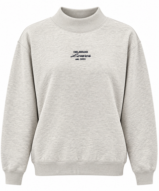 Delaware Lewes Mock Neck Sweatshirt in Oatmeal with navy embroidered Delaware, Lewes script, and est. 1631 at the chest