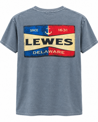 Lewes Anchor Tee in Western Sky with a distressed red, blue, and cream Lewes Delaware Since 1631 anchor sign printed on the back