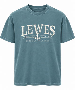 Lewes Since 1631 Anchor Tee in Teal with a distressed cream LEWES, anchor, Since 1631, and Delaware design