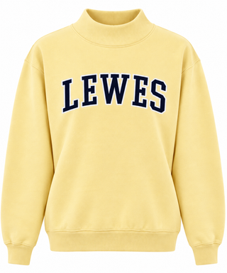 Lewes Mock Neck Sweatshirt in Butter yellow with navy, white-outlined varsity LEWES lettering arched across the chest