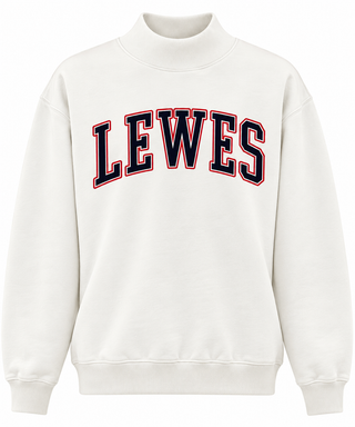 Lewes Mock Neck Sweatshirt in White with navy, red-outlined varsity LEWES lettering arched across the chest