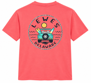Lewes Jeep Tee in Neon Coral, back view, with a teal Jeep carrying surfboards under a yellow sun with waves, inside a Lewes Delaware circle