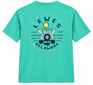Lewes Jeep Tee in Seafoam, back view, with a teal Jeep carrying surfboards under a yellow sun with waves, inside a Lewes Delaware circle