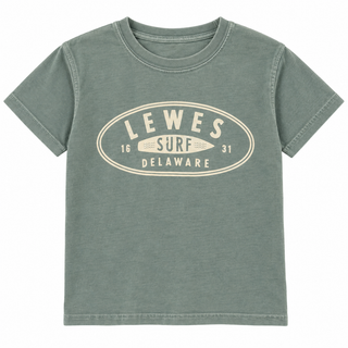 Lewes Surf Youth Tee in Cactus green with a cream oval Lewes Surf Delaware badge, surfboard, and 1631 at the chest