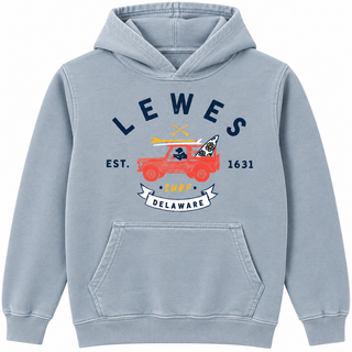 Lewes Surf Dog Jeep Youth Hoodie in Blue Jean with a black dog driving a red jeep loaded with surfboards under an arched Lewes, est. 1631, Surf, and Delaware banner