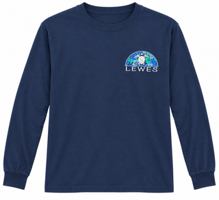 Lewes Sea Turtle Long Sleeve Tee in Reactive Navy, front view, with a small hibiscus and sea turtle Lewes logo on the left chest