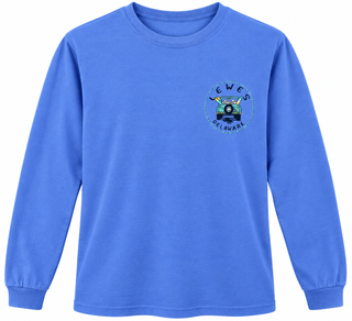 Lewes Jeep Long Sleeve Tee in Peri, front view, with a small Lewes Delaware Jeep logo on the left chest