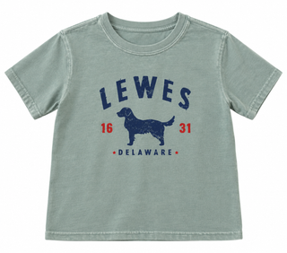 Lewes Pup Youth Tee in Washed Cactus green with a distressed navy Lewes over a dog silhouette, 16 and 31 in red, and Delaware below