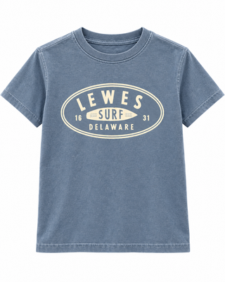 Lewes Surf Youth Tee in Denim blue with a cream oval Lewes Surf Delaware badge, surfboard, and 1631 at the chest