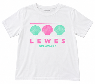 Lewes Delaware Shell Tee in True White with three scallop shells in green and pink between two lines, above LEWES and Delaware