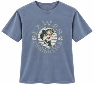 Lewes Bass Tee in Indigo with a leaping bass and Lewes Fishing Club, Delaware, est. 1631 printed across the chest