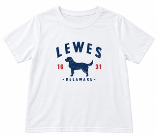 Lewes Pup Youth Tee in True White with a distressed navy Lewes over a dog silhouette, 16 and 31 in red, and Delaware below