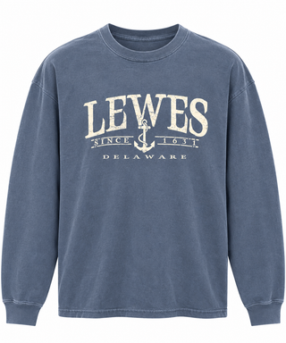 Lewes Since 1631 Anchor Long Sleeve Tee in Indigo with a distressed cream LEWES, anchor, Since 1631, and Delaware design