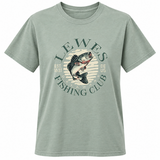 Lewes Bass Tee in Agave with a leaping bass and Lewes Fishing Club, Delaware, est. 1631 printed across the chest