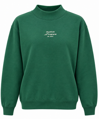 Delaware Lewes Mock Neck Sweatshirt in Forest green with cream embroidered Delaware, Lewes script, and est. 1631 at the chest