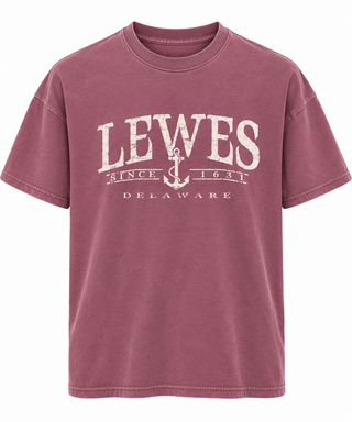 Lewes Since 1631 Anchor Tee in Maroon with a distressed cream LEWES, anchor, Since 1631, and Delaware design