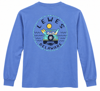 Lewes Jeep Long Sleeve Tee in Peri, back view, with a teal Jeep carrying surfboards under a yellow sun with waves, inside a Lewes Delaware circle