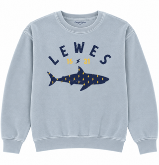 Lewes Lightning Shark Youth Crewneck Sweatshirt in Blue Jean with navy LEWES lettering, gold 16 31, and a navy shark filled with gold lightning bolts