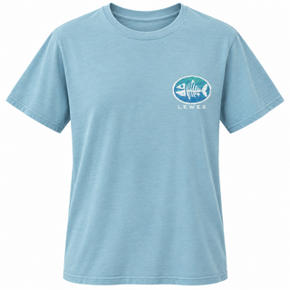 Lewes Bonefish Tee in Caribbean, front view, with a small bonefish and waves Lewes logo on the left chest