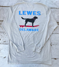 Load image into Gallery viewer, Cement long sleeve t-shirt with &#39;LEWES&#39; and &#39;DELAWARE&#39; text, featuring a black Labrador dog on a red surfboard, facing right.
