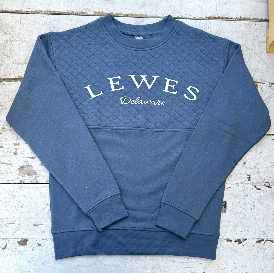 Steel blue quilted crew neck sweatshirt featuring 