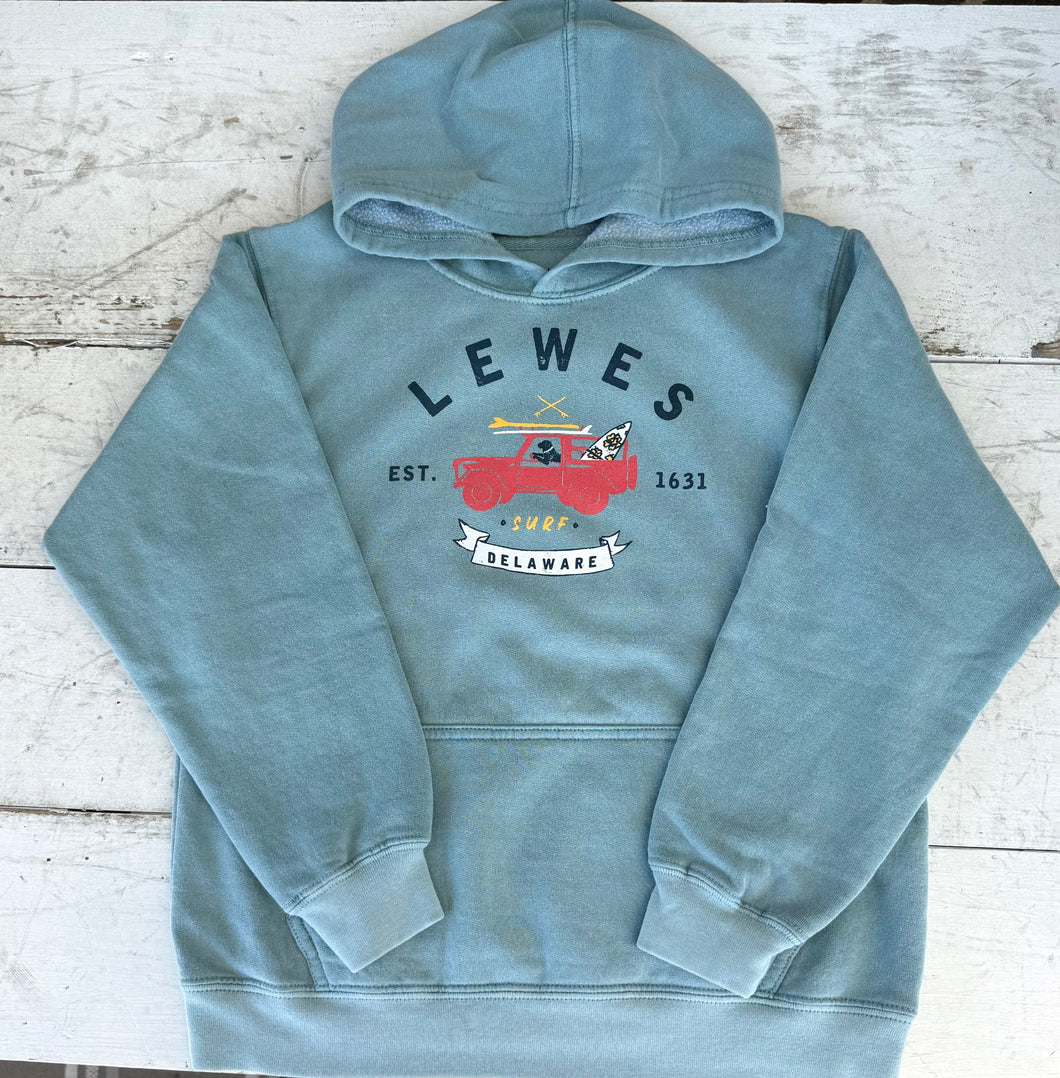 washed ocean vintage wash hoodie with a red pickup truck and surfboards graphic, text 